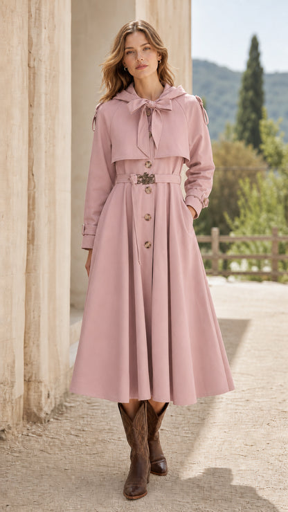 Front view of woman wearing pink hooded swing trench coat