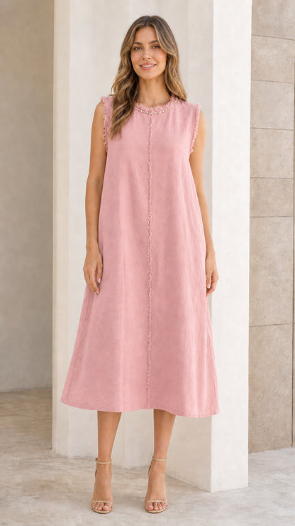 Front view of woman wearing pink sleeveless midi dress