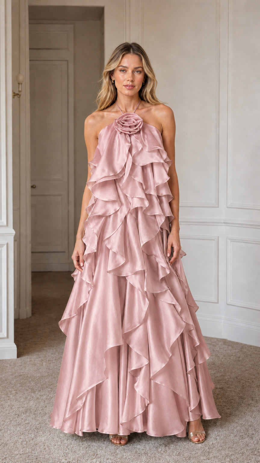 Model wearing soft blush pink halter rosette maxi dress