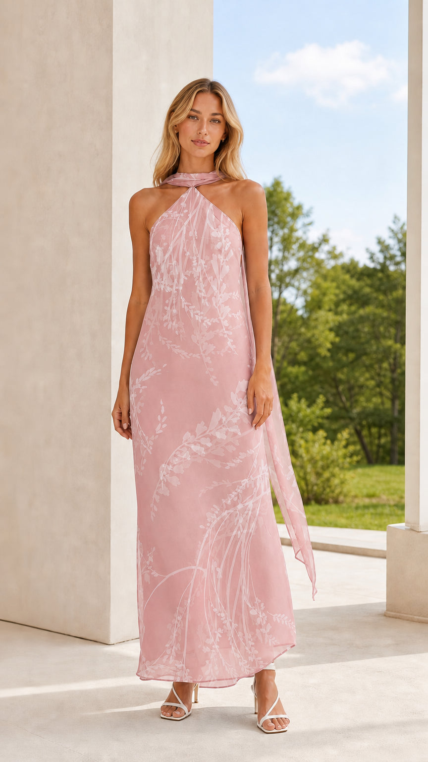 Full length view of model in pink floral halter maxi dress