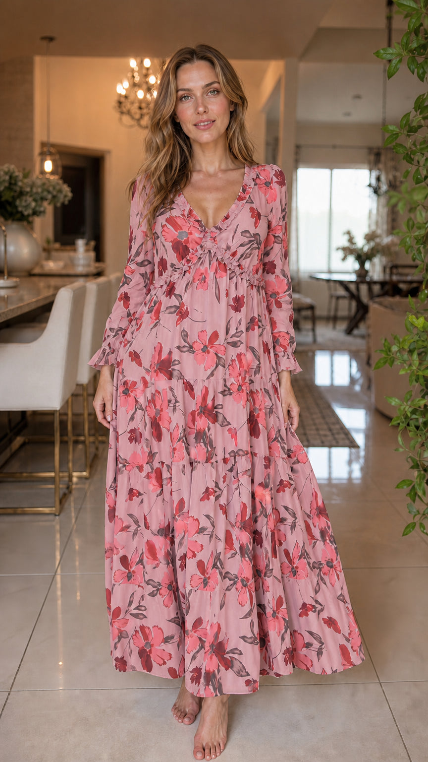 Front view of pink floral long sleeve tiered maxi dress