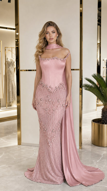 Pink color variant of beaded mermaid evening gown