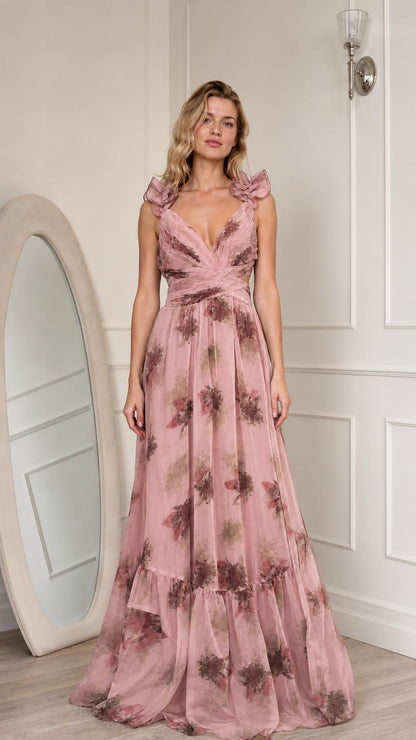 Dusty Pink floral print ruffled maxi dress front view