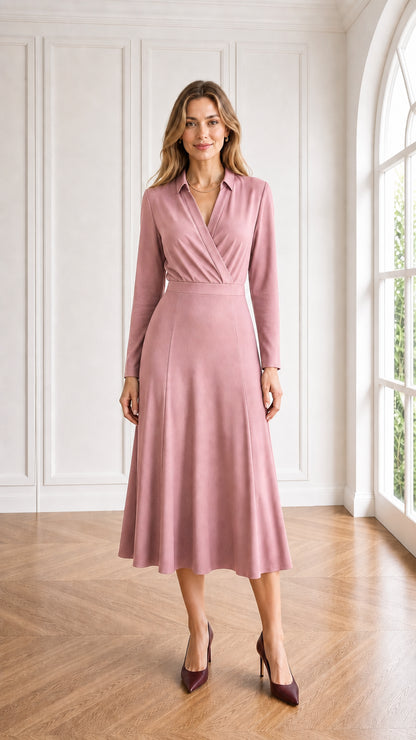 Dusty pink collared wrap long sleeve midi dress on model