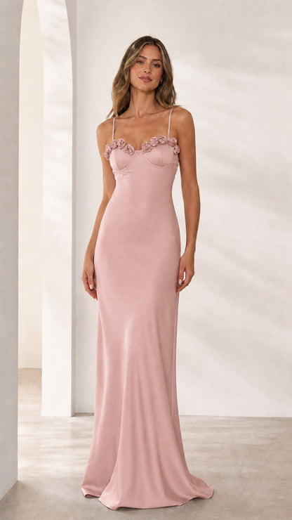 Front view of pink formal maxi dress