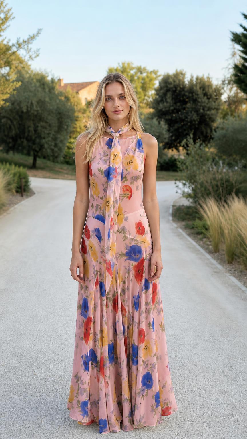 Model wearing pink variant of the floral halter maxi dress