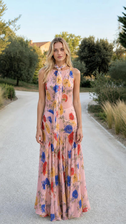 Model wearing pink variant of the floral halter maxi dress