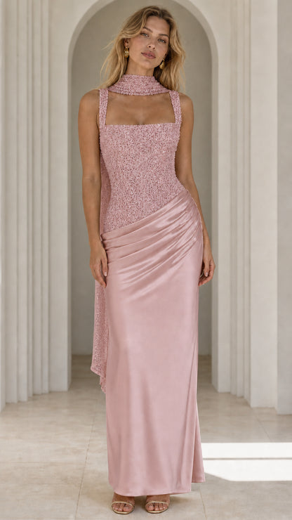 Front view of pink evening gown