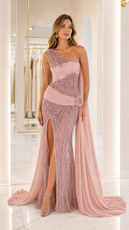 Front view of dusty rose one-shoulder evening gown