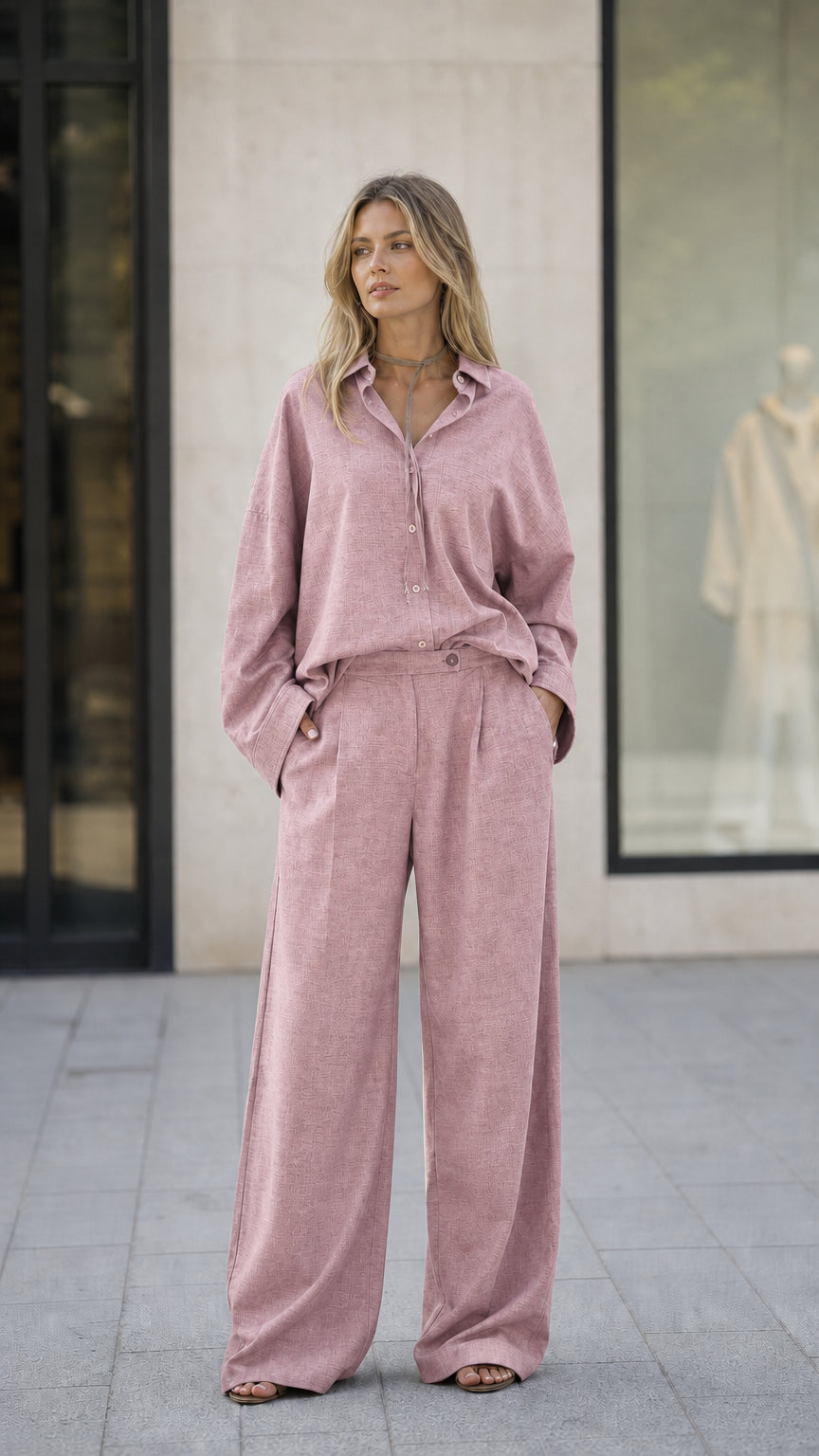 Full-length view of woman in dusty pink matching set