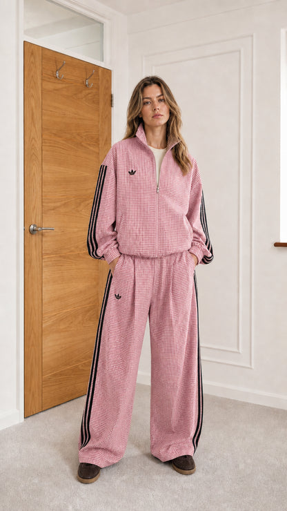 Model wearing pink houndstooth track jacket and matching wide-leg pants set
