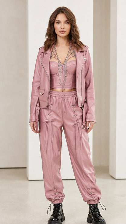 Model wearing dusty rose faux leather matching set