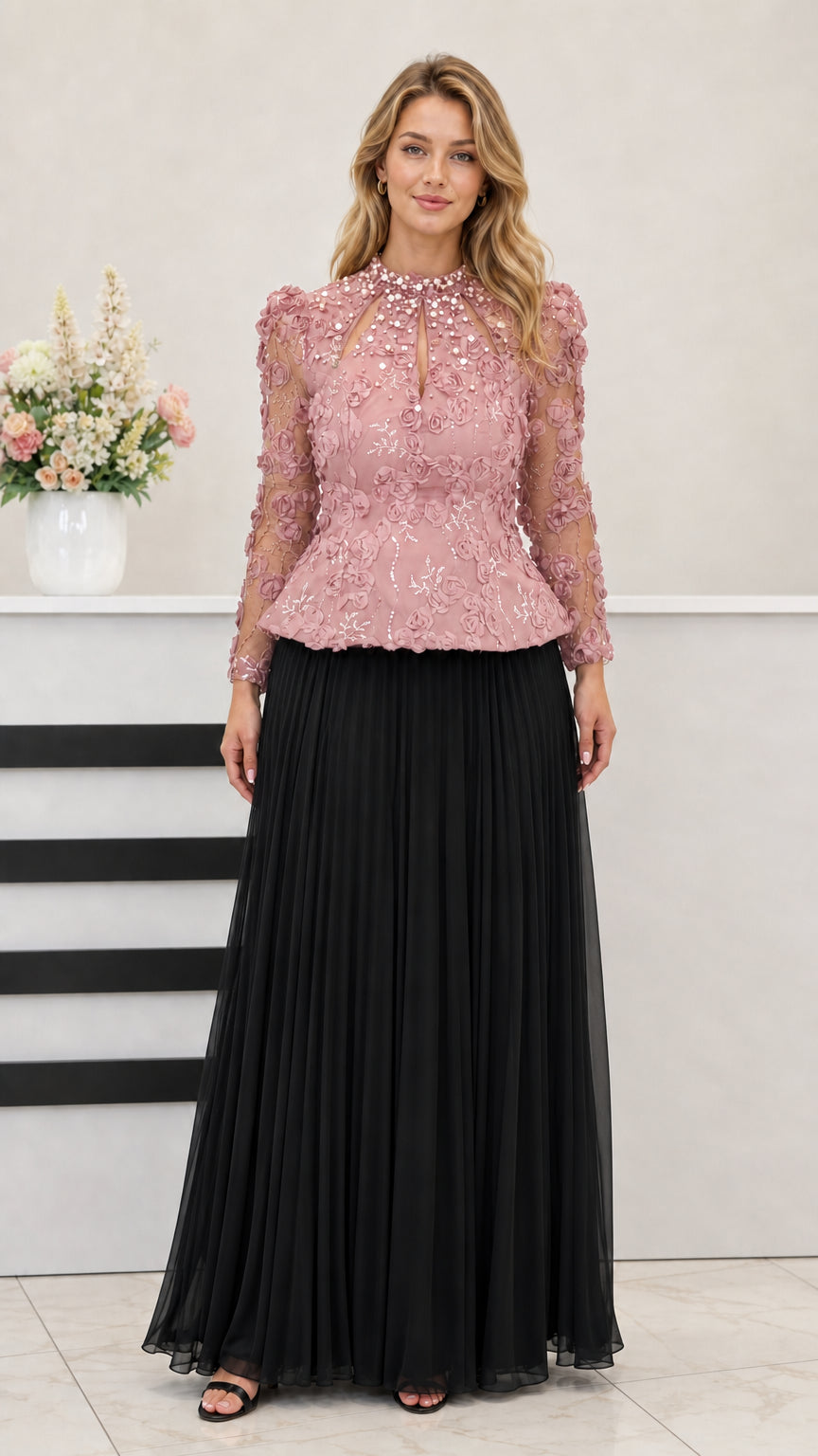 Dusty rose bodice with black pleated skirt lace peplum evening gown