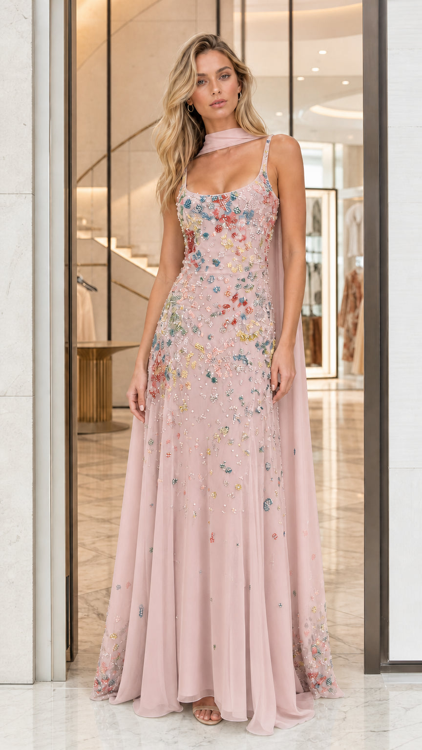 Dusty Pink Embellished Floral Applique Sleeveless Maxi Dress Front View