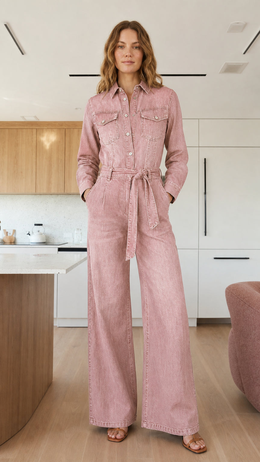 Model wearing pink denim jumpsuit