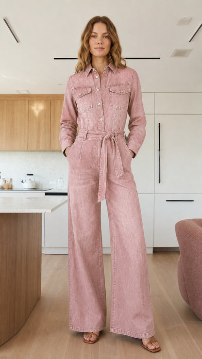 Model wearing pink denim jumpsuit
