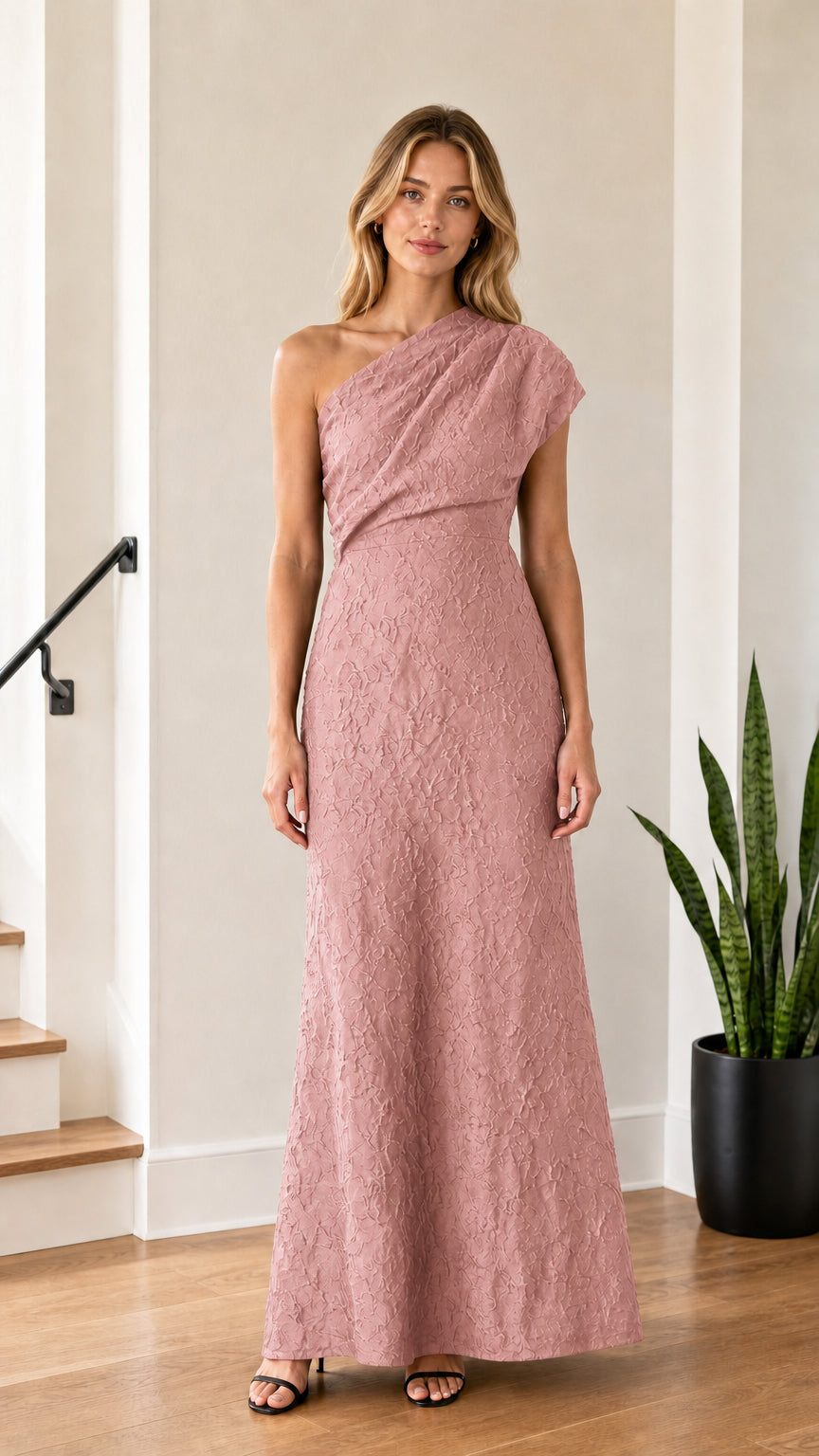 Model wearing Dusty Rose one-shoulder maxi dress
