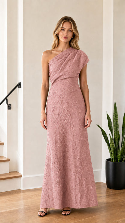 Model wearing Dusty Rose one-shoulder maxi dress