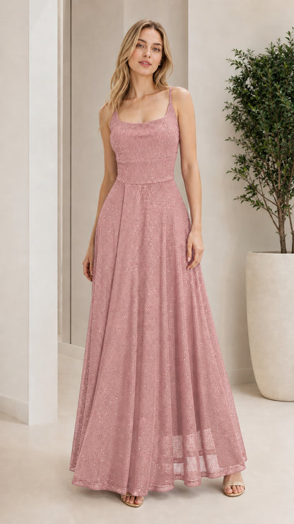 Model wearing pink sparkle formal evening dress