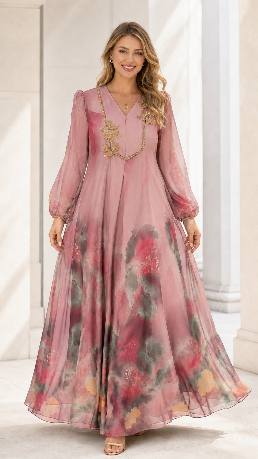 Dusty Rose floral print chiffon evening maxi dress with long sleeves