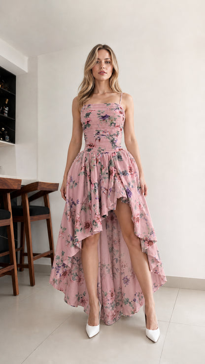 Woman wearing pink floral high-low cami dress