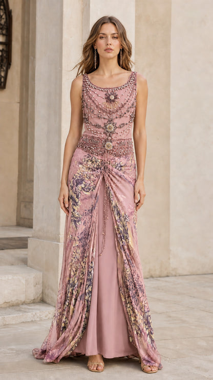 Model wearing pink beaded evening dress