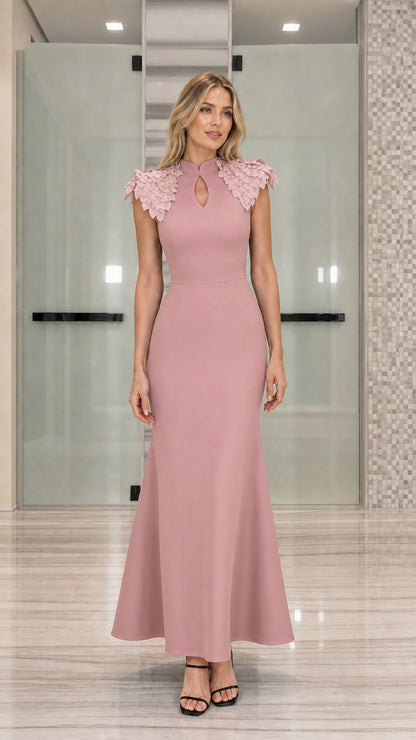 Full-length view of dusty rose pink mermaid maxi dress with tonal petal shoulder detail