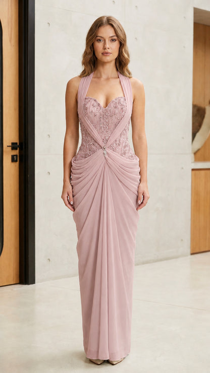 Dusty rose pink halter neck beaded bodice evening gown - front view
