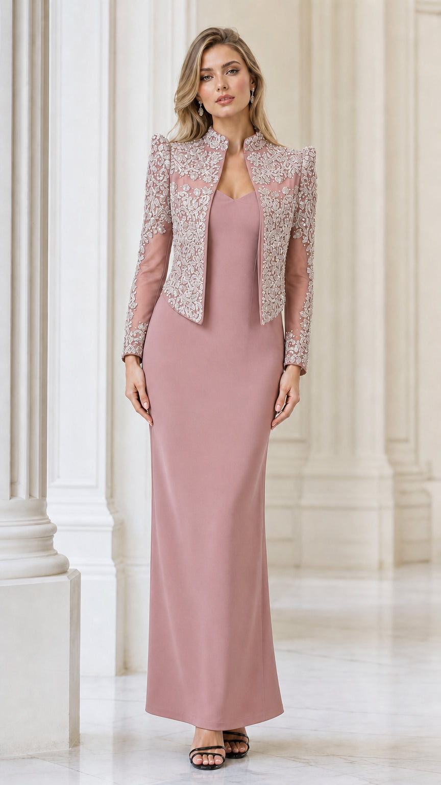 Front view of dusty rose two-piece evening dress with matching embellished jacket