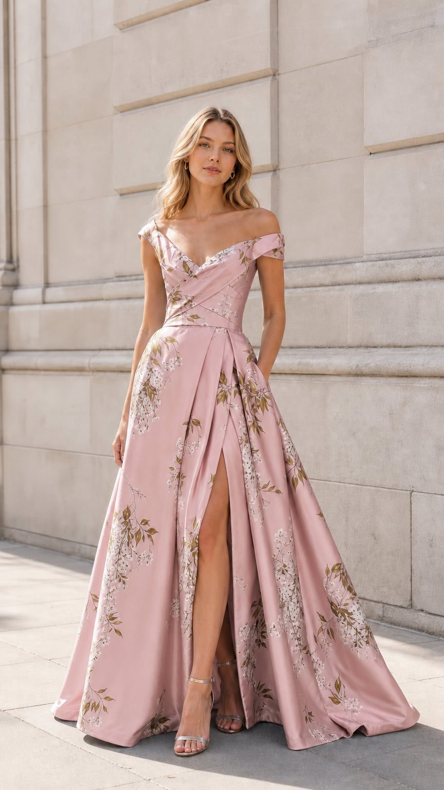 Front view of Pink off-shoulder floral satin evening gown
