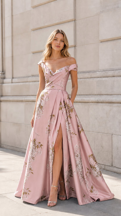 Front view of Pink off-shoulder floral satin evening gown