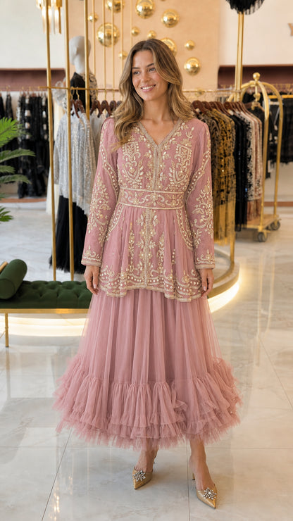 Dusty pink embroidered peplum tulle maxi evening dress front view