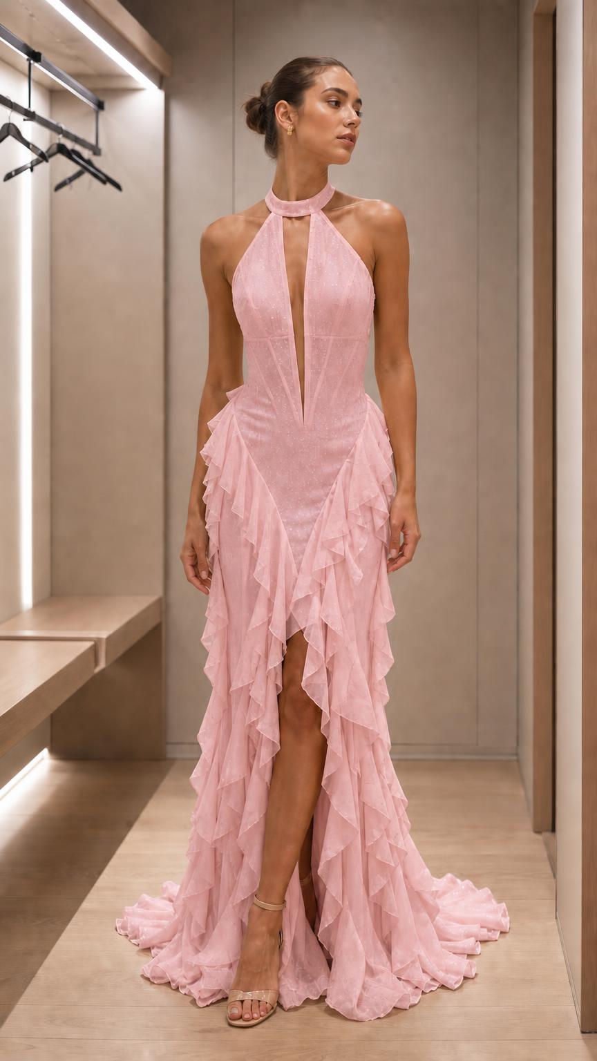 Front view of pink halter neck evening dress