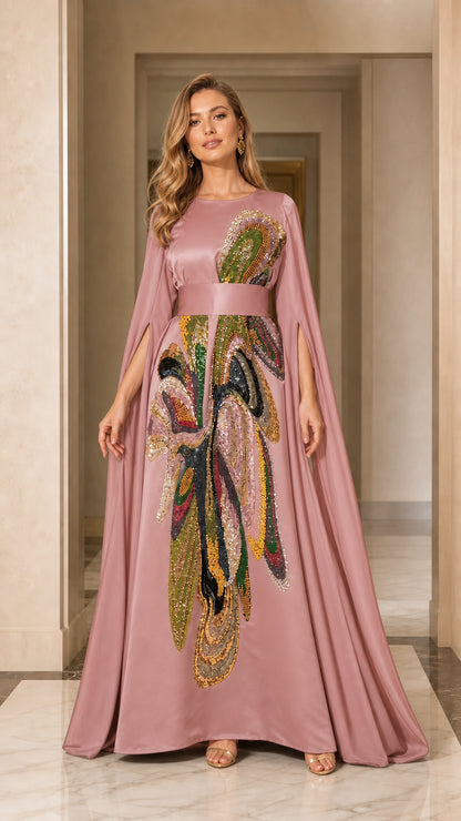 Front view of dusty rose evening dress with cape sleeves
