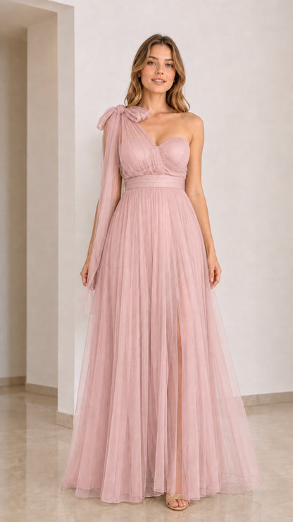 Dusty Pink one-shoulder tulle maxi dress