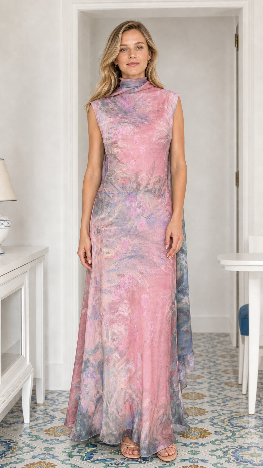 Model wearing pink printed cowl neck maxi dress