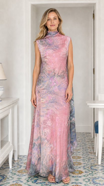Model wearing pink printed cowl neck maxi dress