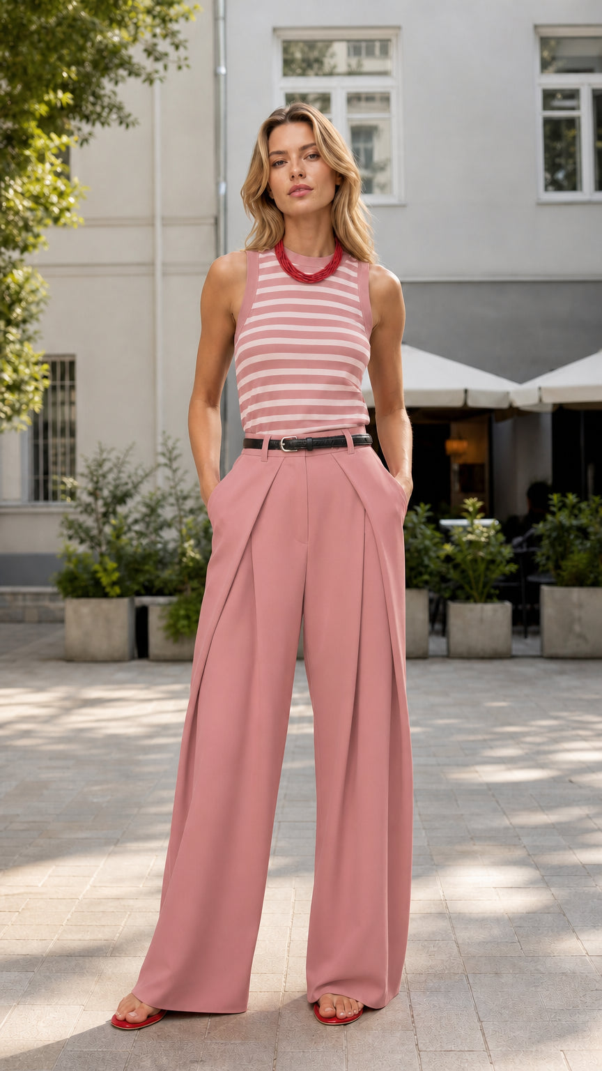 Model wearing pink wide-leg trousers
