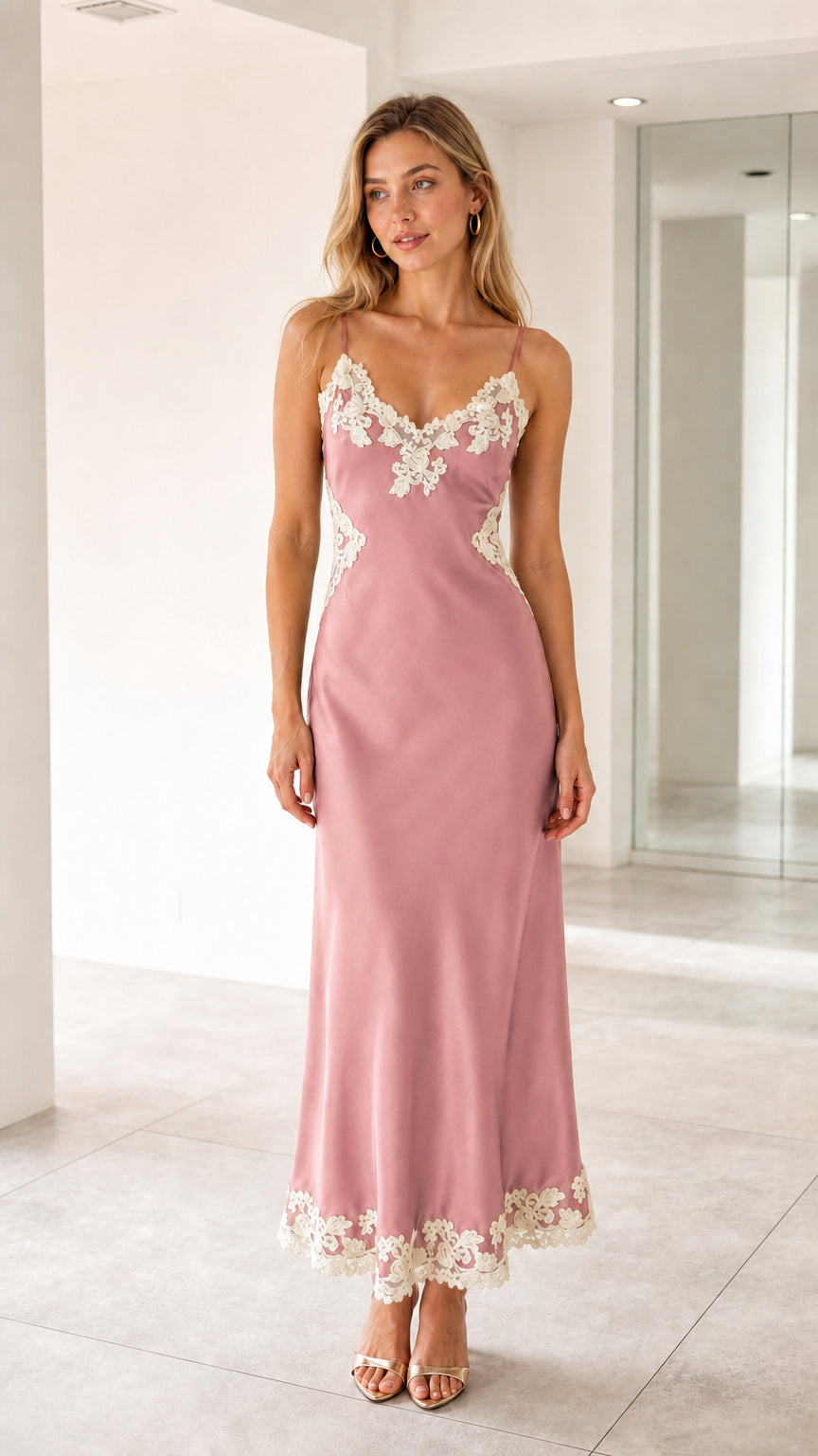 Dusty rose satin lace trim slip maxi dress