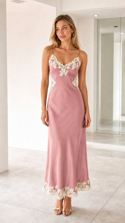 Dusty rose satin lace trim slip maxi dress