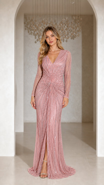 Front view of dusty rose long sleeve beaded formal maxi dress