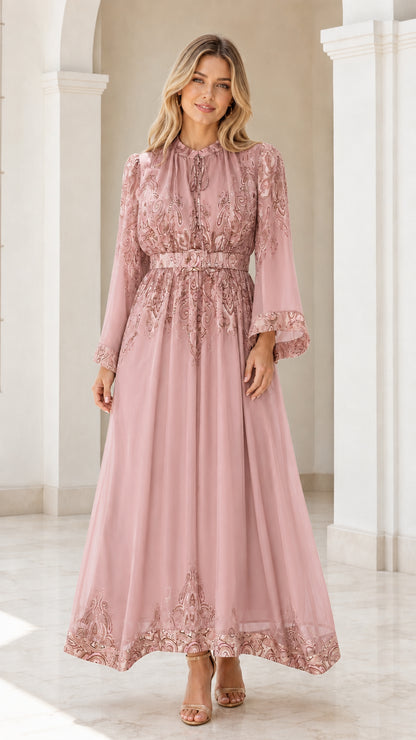 Front view of dusty pink paisley maxi dress