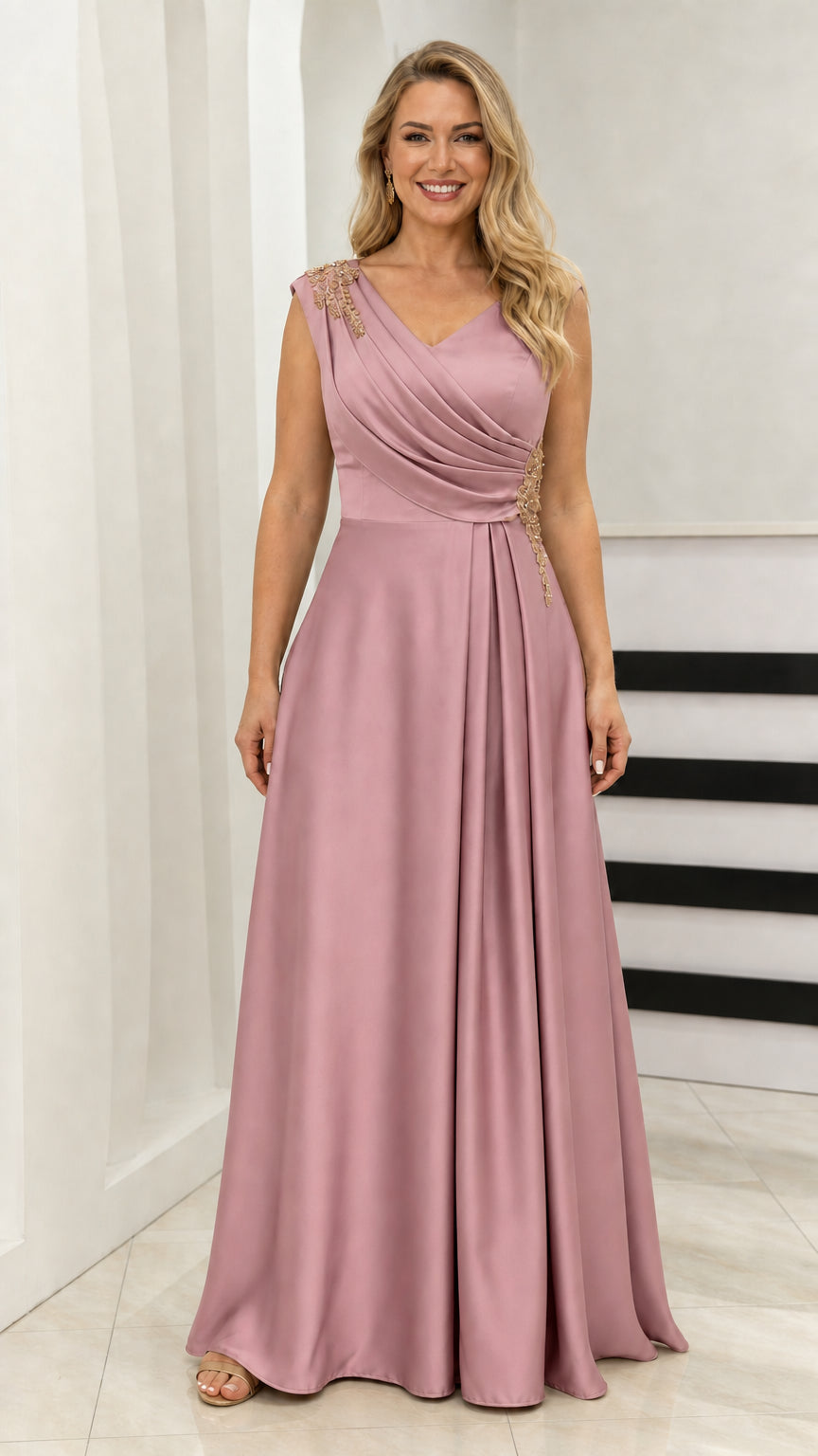 Model wearing dusty pink V-neck evening dress