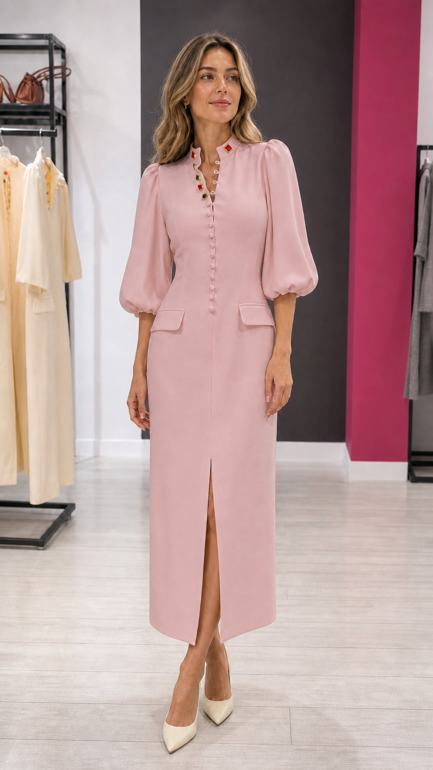 Elegance Gem-Button Midi Dress in Pink