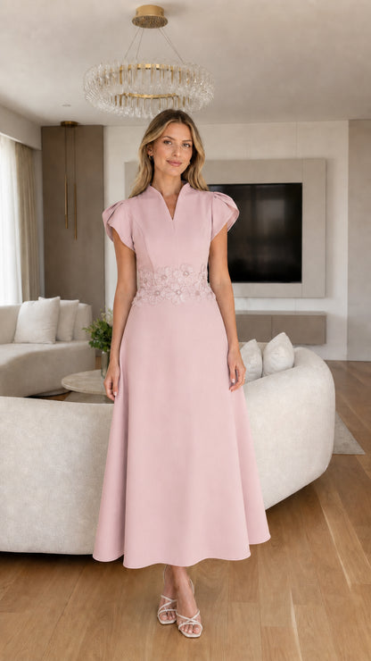 Front view of pink occasion midi dress