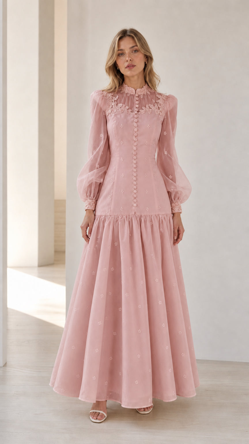 Dusty Pink romantic sheer bishop sleeve formal maxi dress