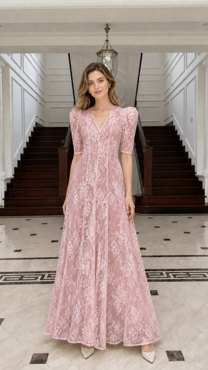 Front view of Pink lace maxi dress on model