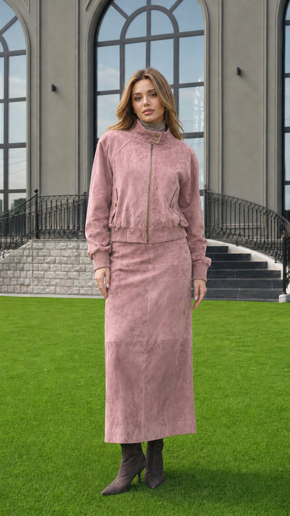 Full-length view of woman modeling Dusty Pink faux suede jacket and matching maxi skirt