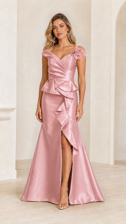 Model wearing pink satin evening dress