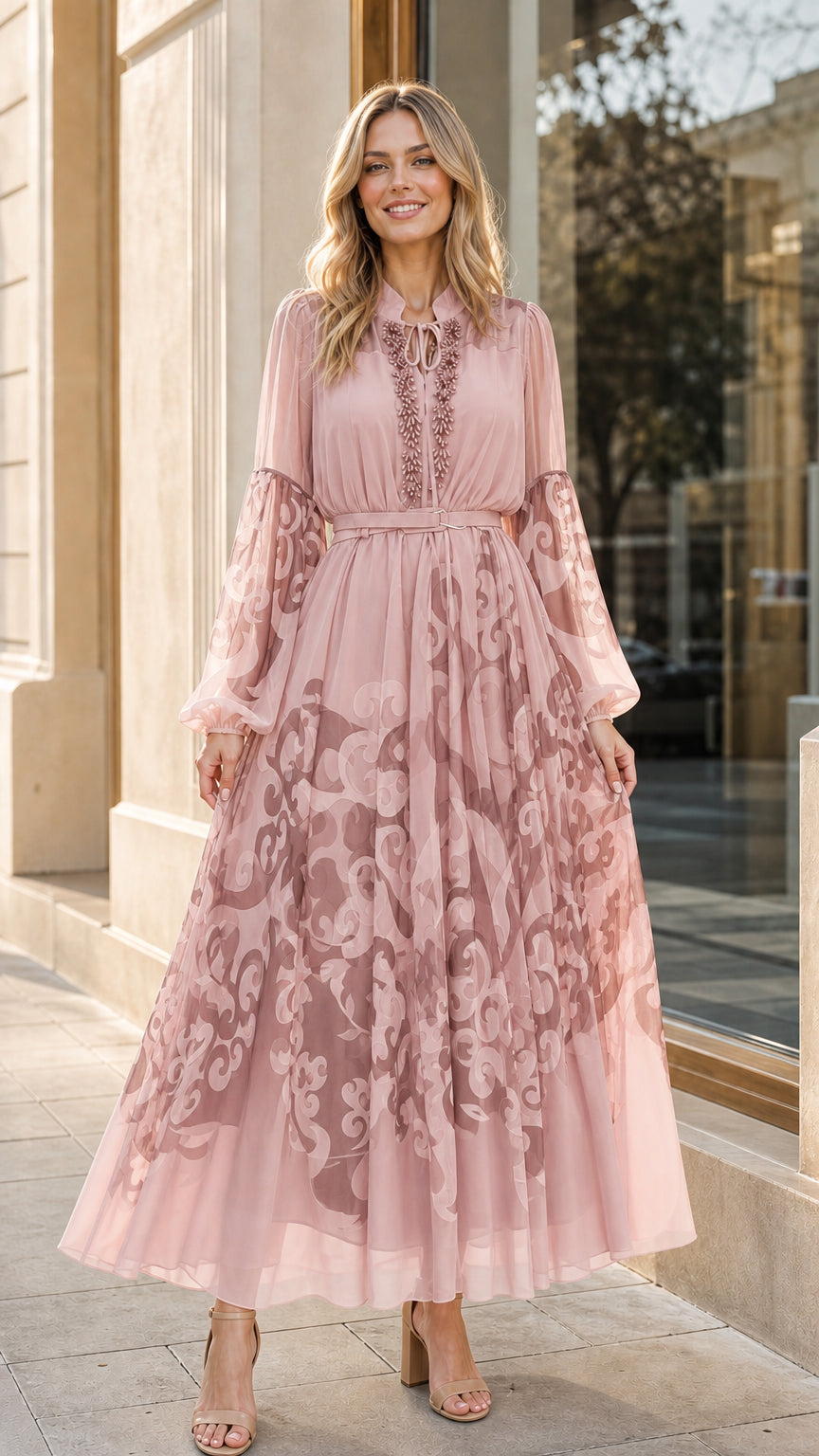 Dusty pink long sleeve scroll print chiffon maxi dress